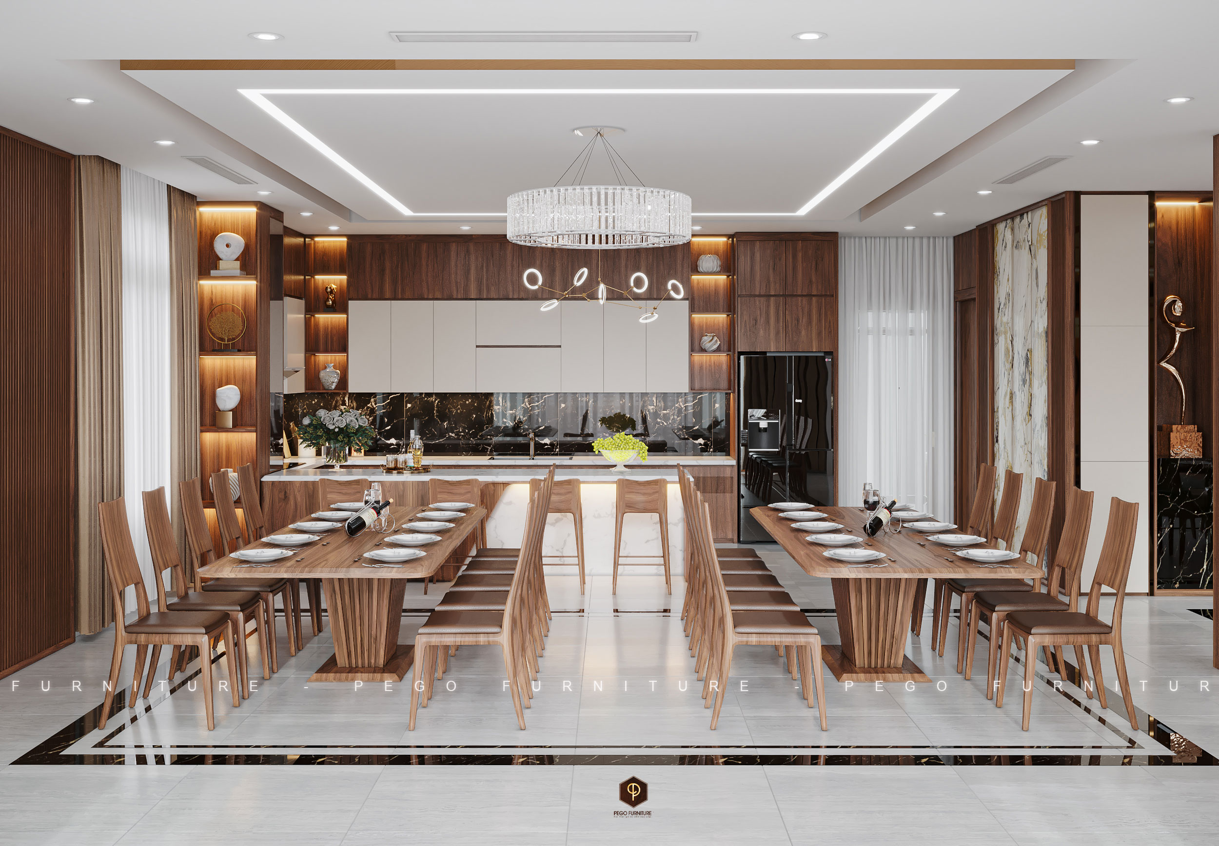 Nội thất gỗ óc chó hiện rất được ưa chuộng cho không gian phòng bếp của nhiều gia đình