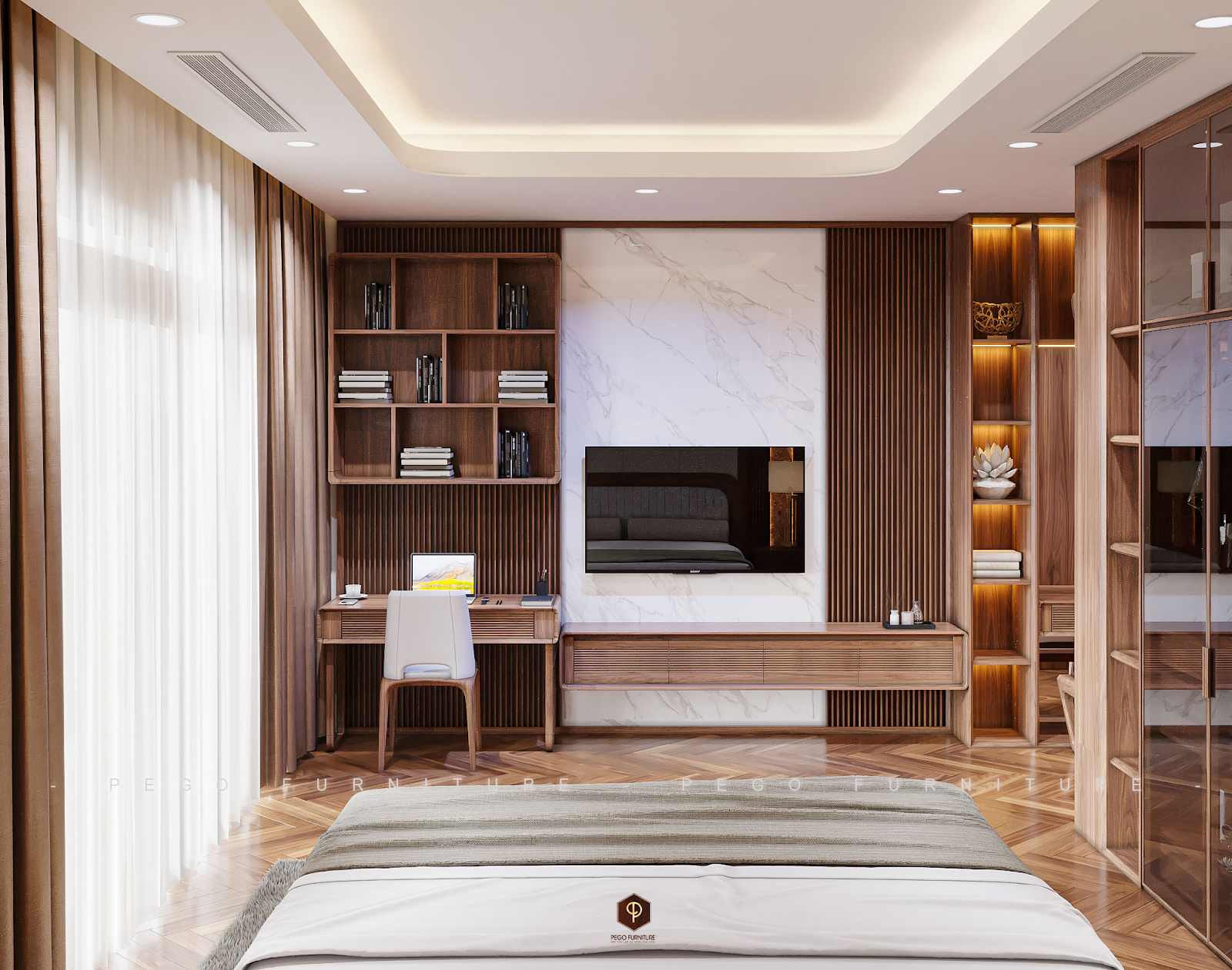 Một chiếc tủ sách được tích hợp cùng bàn làm việc gỗ óc chó tạo điểm nhấn cho phòng ngủ