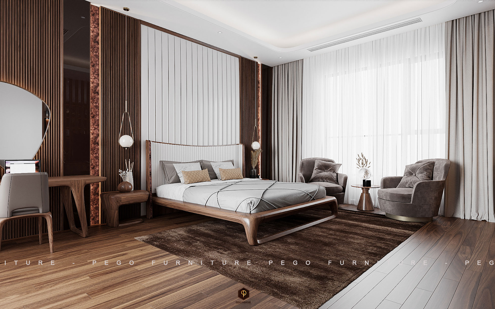 Phòng ngủ gỗ óc chó với thiết kế hiện đại sang trọng